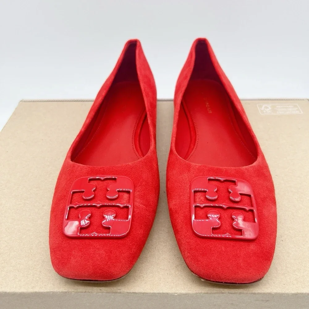 Tory Burch Georgia Women's Ballet Flats LOGO Slip On Red Suede Size US 8
